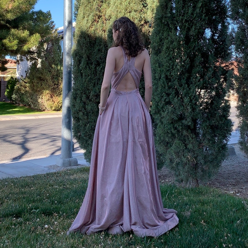 Rose Gold Sparkly Formal Prom Dress with Pockets